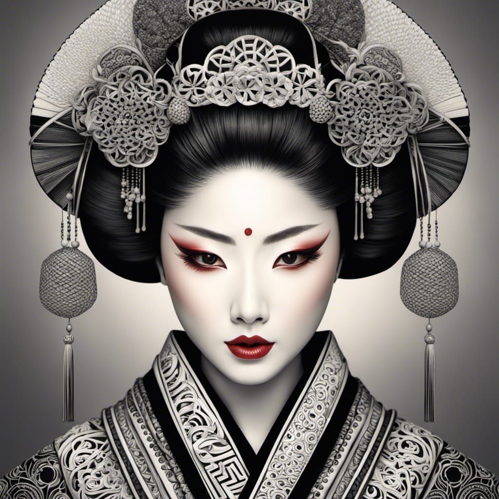 Monochromatic Zentangle Geisha Portrait in 4K
