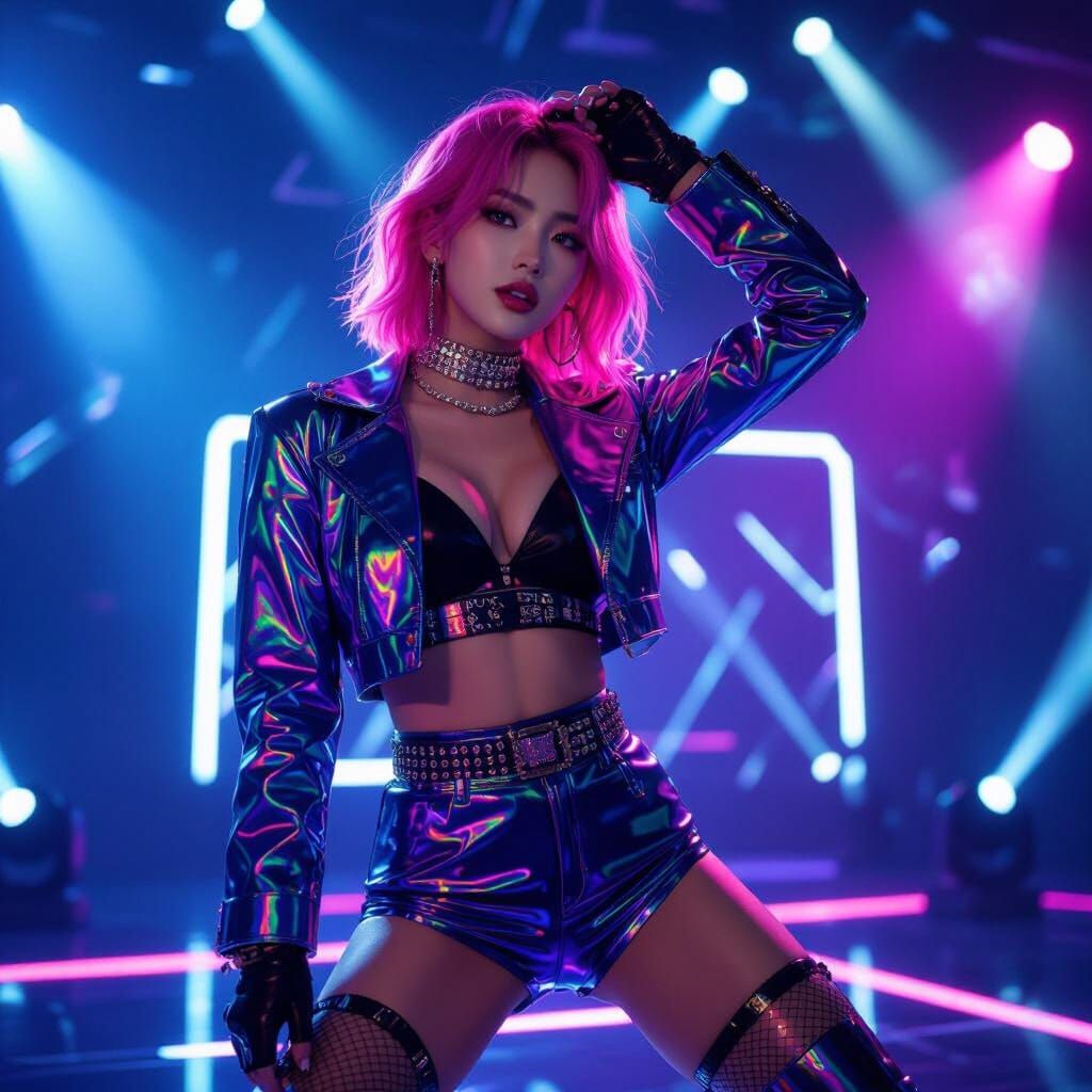 Kpop Idol in Holographic Outfit on Futuristic Stage