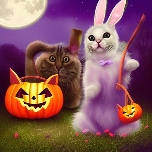Cute Bunny and Cat Halloween Trick-or-Treating