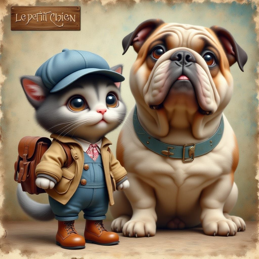 Whimsical Kitten and Bulldog in Vintage Attire