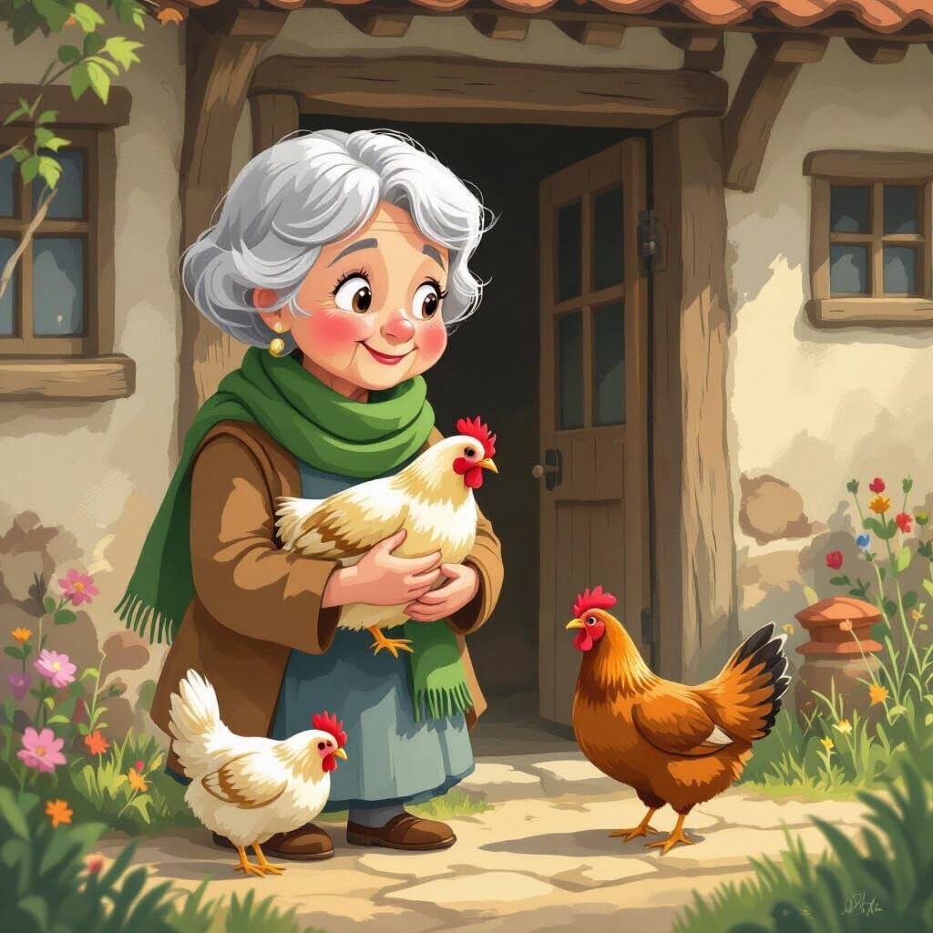 Whimsical Old Woman with Hens in Cartoon Style