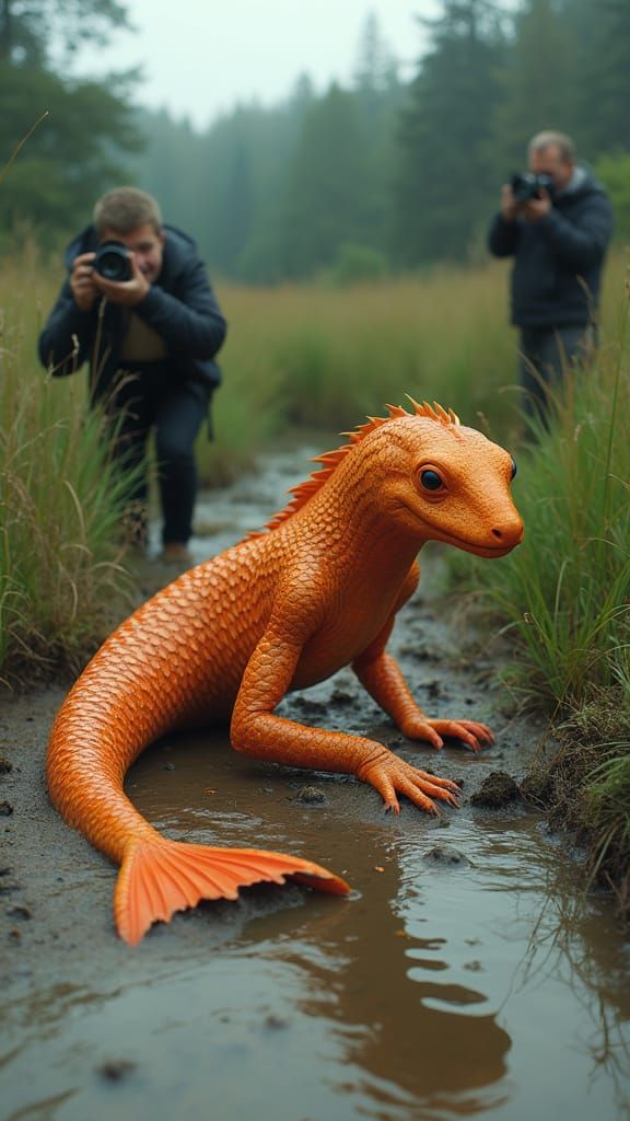 Surreal Orange Mermaid Crawling on Muddy Riverbank