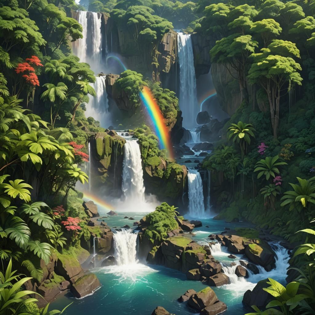 Lush Waterfall Scene in Anime Style