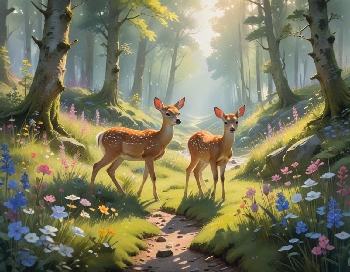 Fawns in Meadow, Impressionistic Watercolor Painting