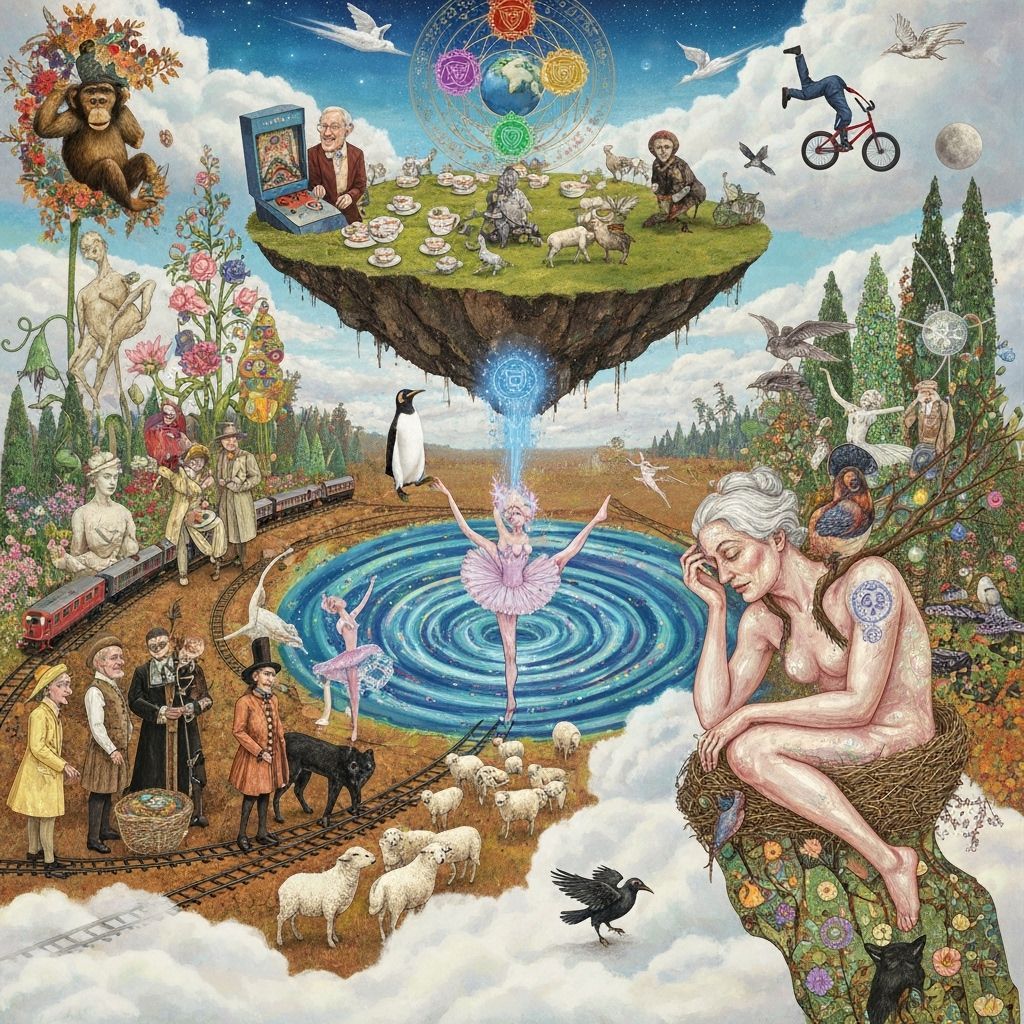 Surreal Tea Party on Floating Island with Sacred Geometry