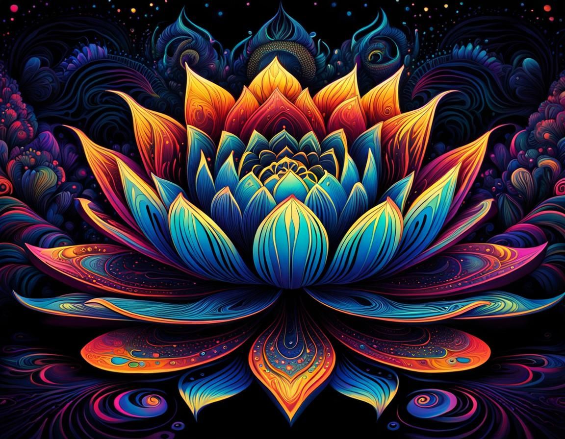 Mystical Lotus Flower in Blacklight Art Style