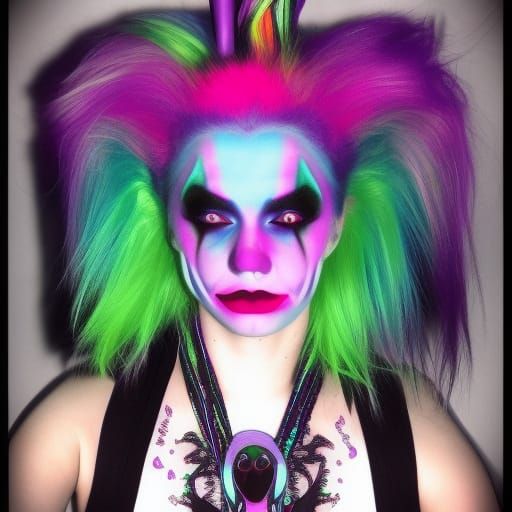 Gothic clown young lady with long neon blue hair with neon P...