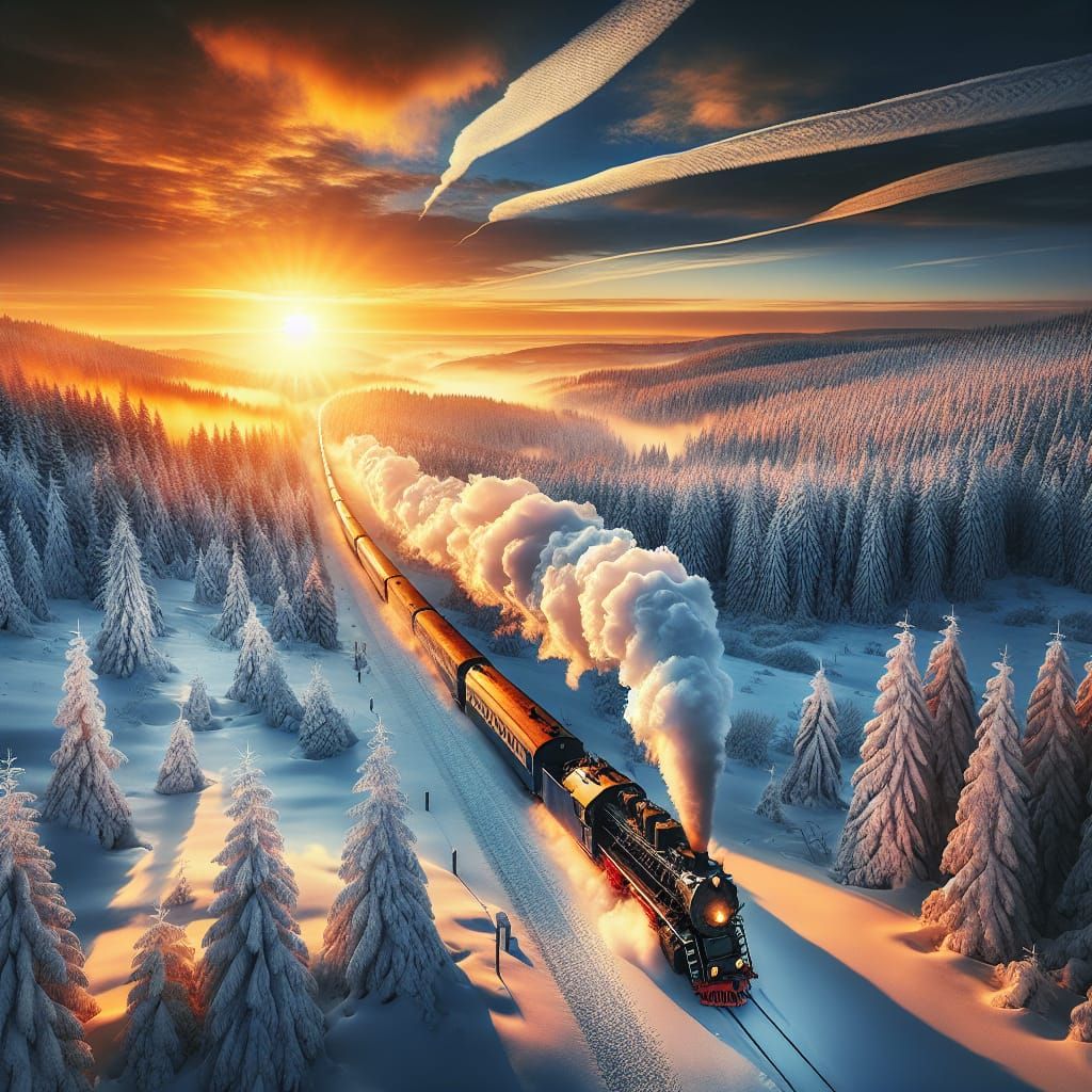 Steam Train Glides Through Winter Sunset Landscape