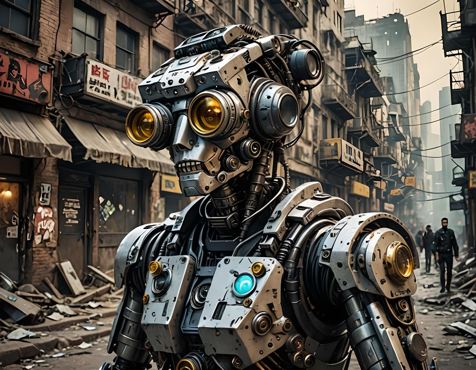 Cyberpunk Robot in Ruined Future City
