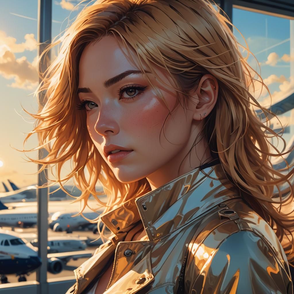 Anime Woman Watches Planes in Airport Observation Deck