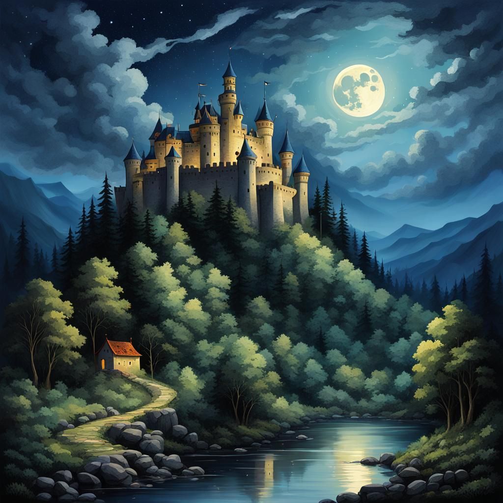 Moonlit Castle on a Mountain Peak