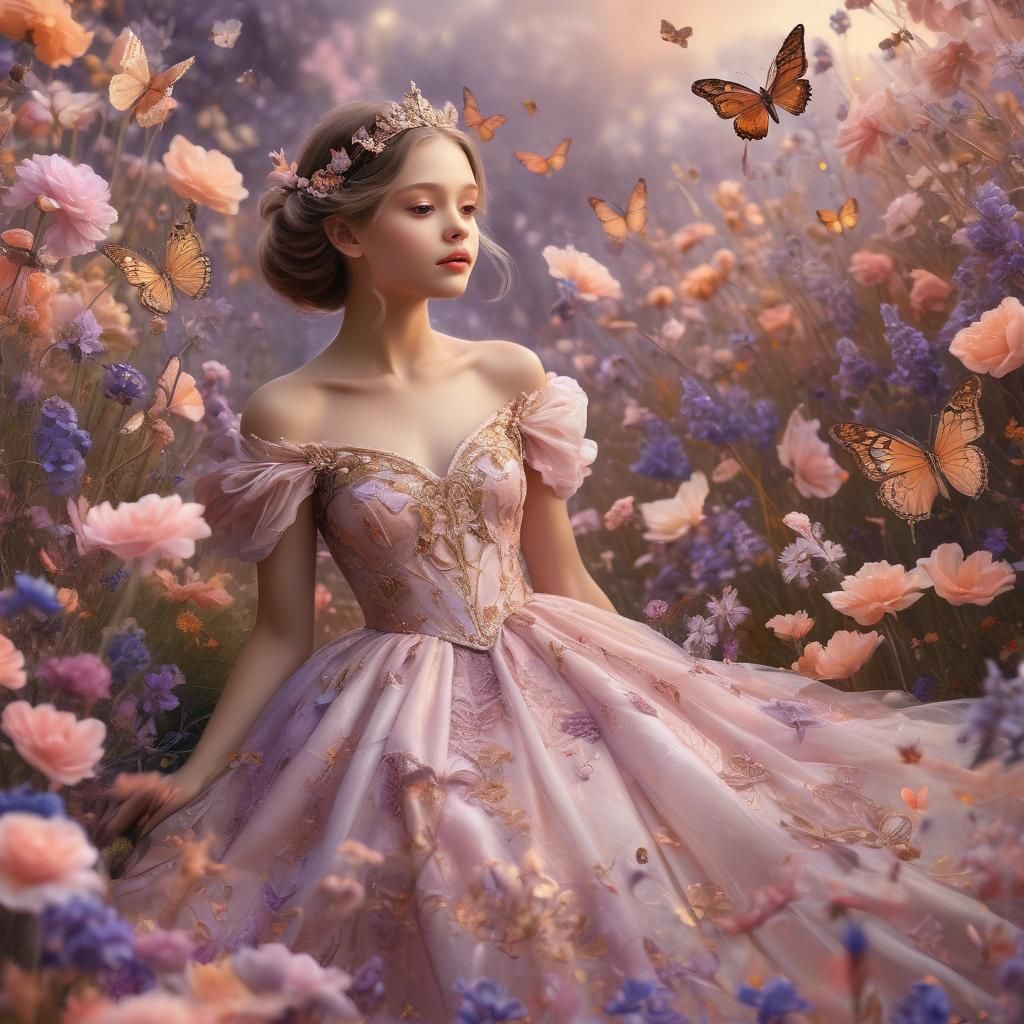 Princess and Butterflies in Art Nouveau Style