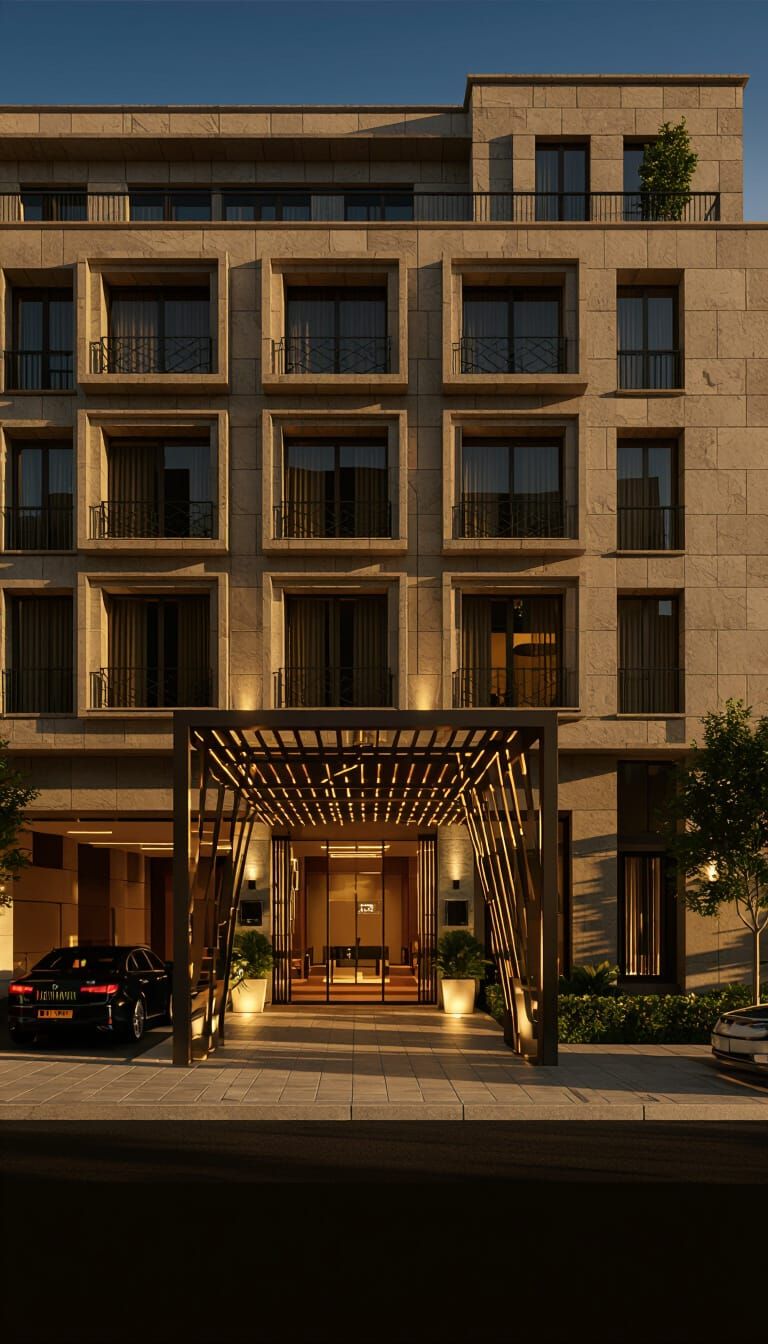 Modern Hotel Entrance with Canopy and Parking