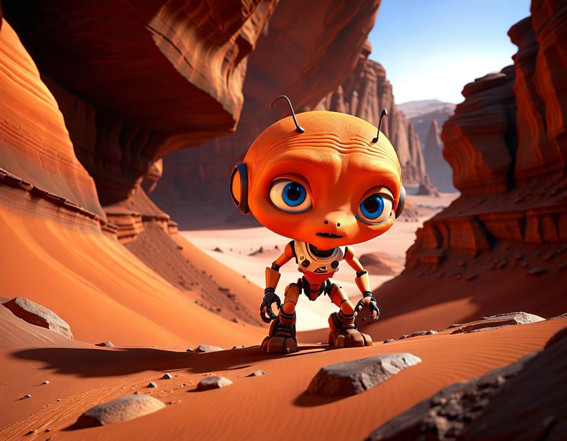 Cute Martian Examines Rover on Mars in 3D CGI