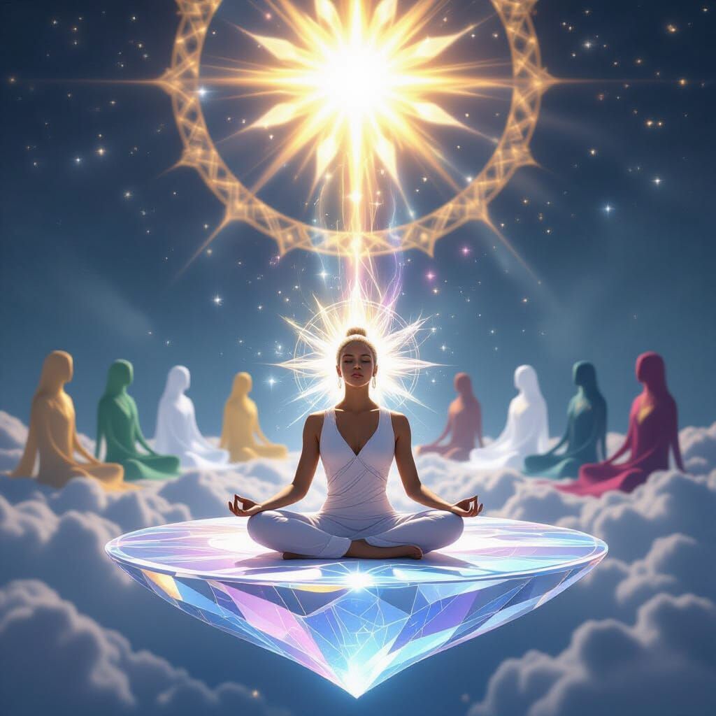 Meditating Figure on Crystalline Platform Amidst Cosmic Ligh...