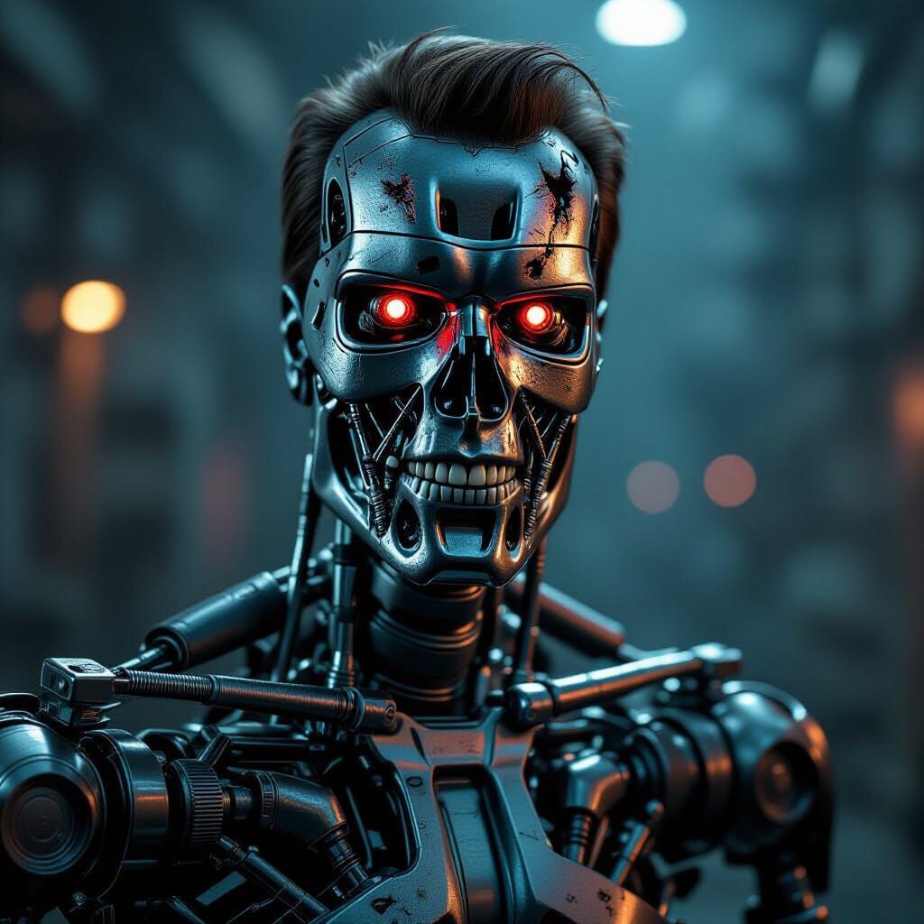 Arnold T800 Terminator Portrait with Visible Endoskeleton