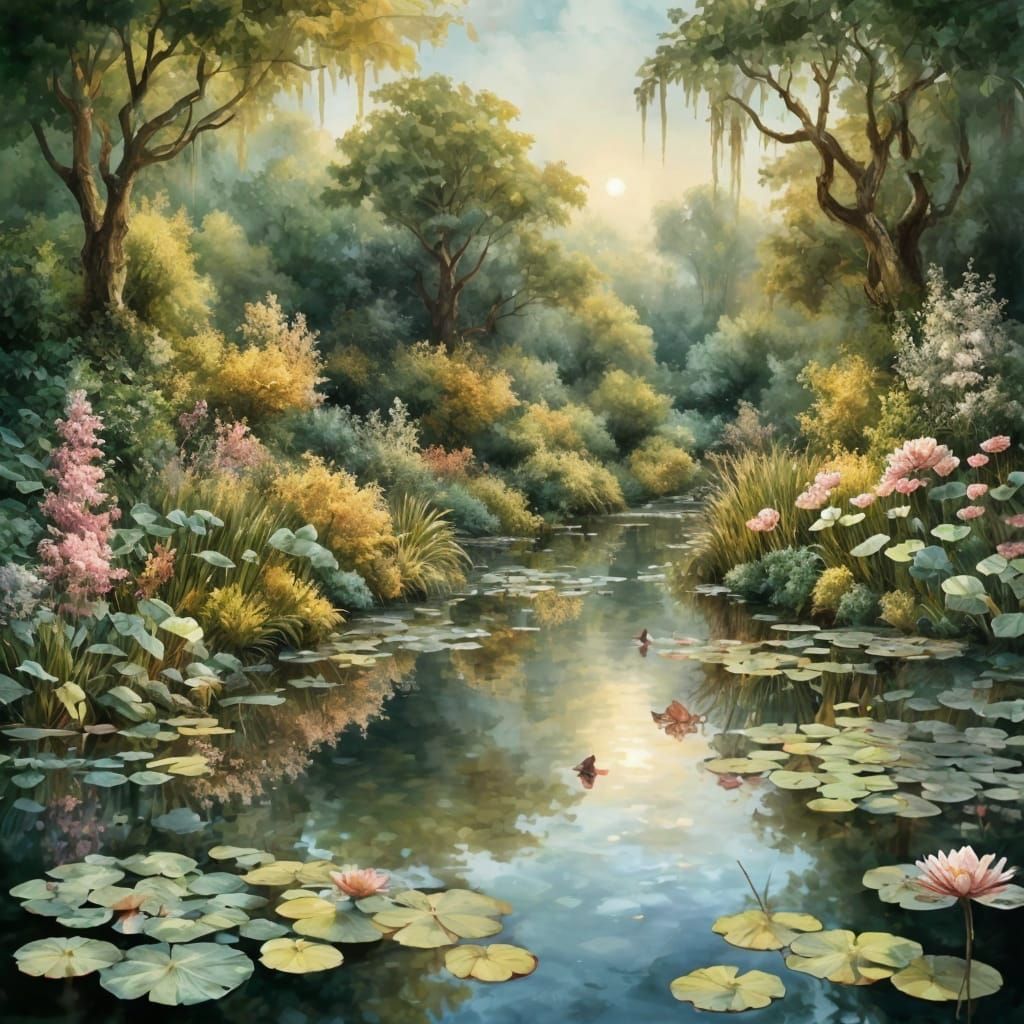 Tranquil Pond Reflections in Painterly Style