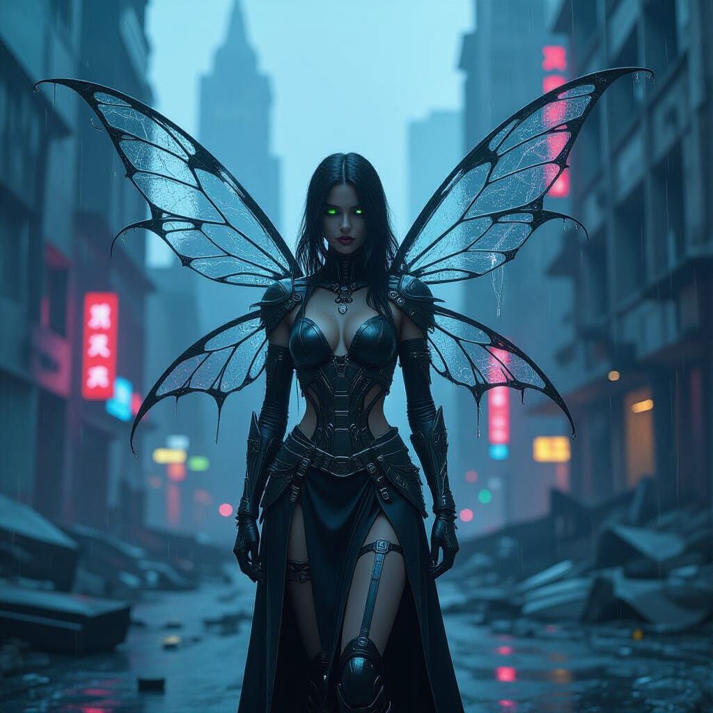 Cyberpunk Fairy in Shattered City Ruins
