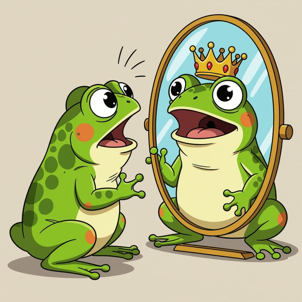 Cartoon Frog Shocked by Crown Reflection in Disney Style
