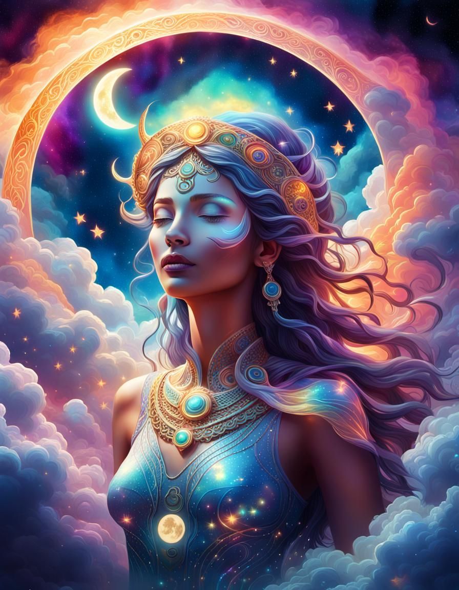 Moon Goddess Rising from Celestial Vortex