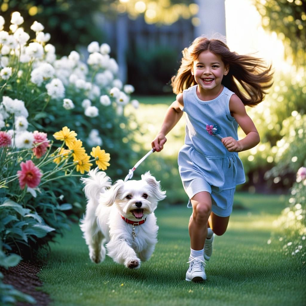 Girl and Dog Playing in Sunny Backyard