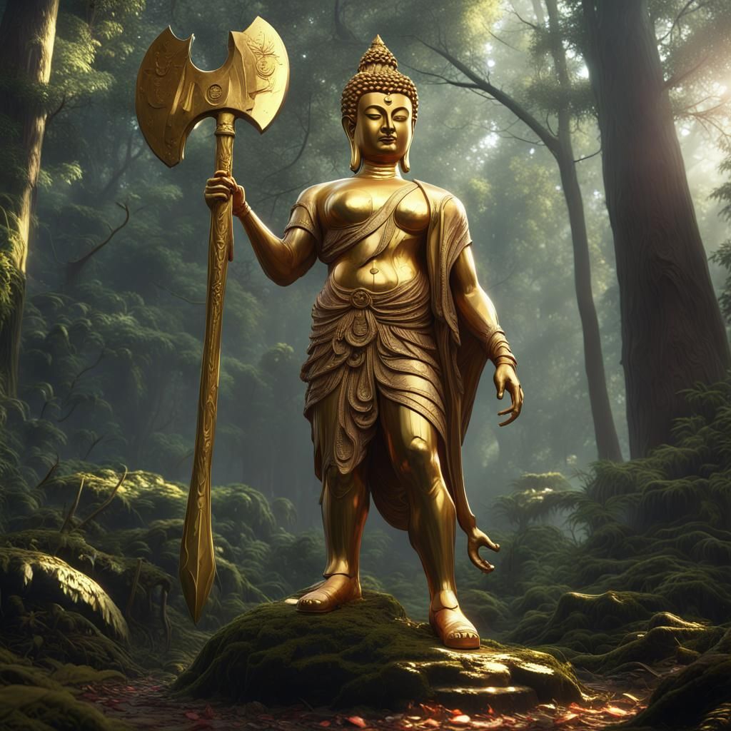 Golden Buddha Statue with Axe in Dark Forest