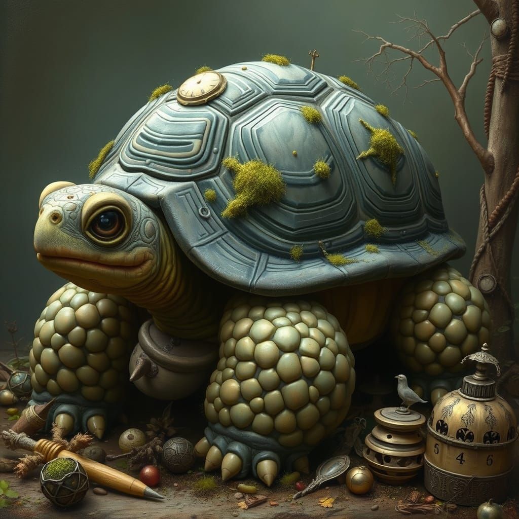 Gentle Giant Tortoise Adorned with Whimsical Mossy Runes