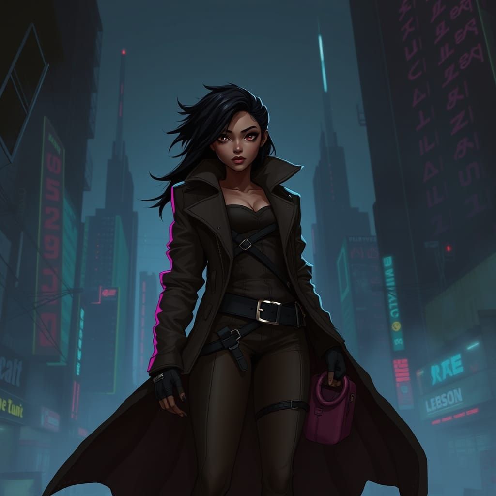 Dystopian Black Female Character in Futuristic Cityscape