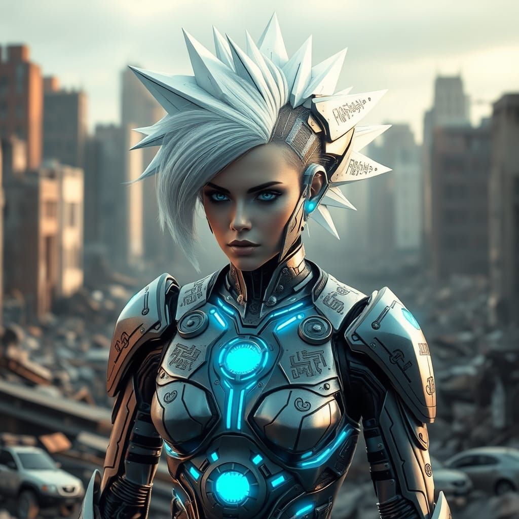 Cyborg Warrior with Cyberpunk White Geometric Hair