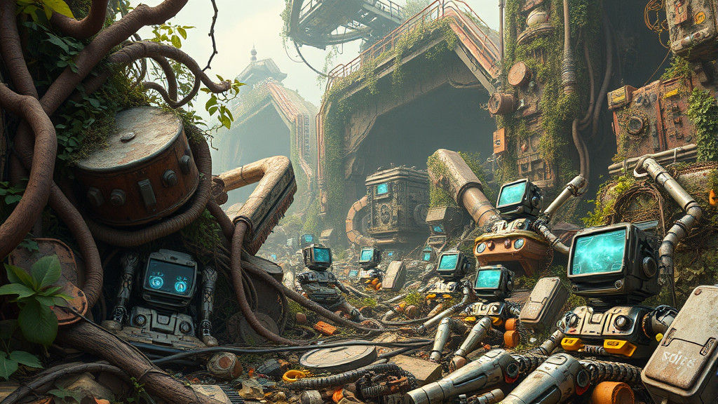 Overgrown Junkyard with Robotic Scavengers in Dystopian Styl...
