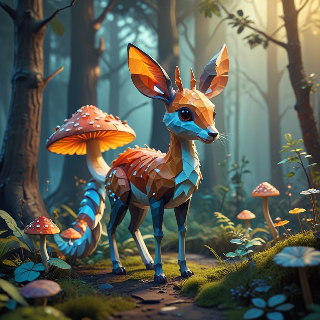 Whimsical Low-Poly Fantasy Creature in a Misty Forest