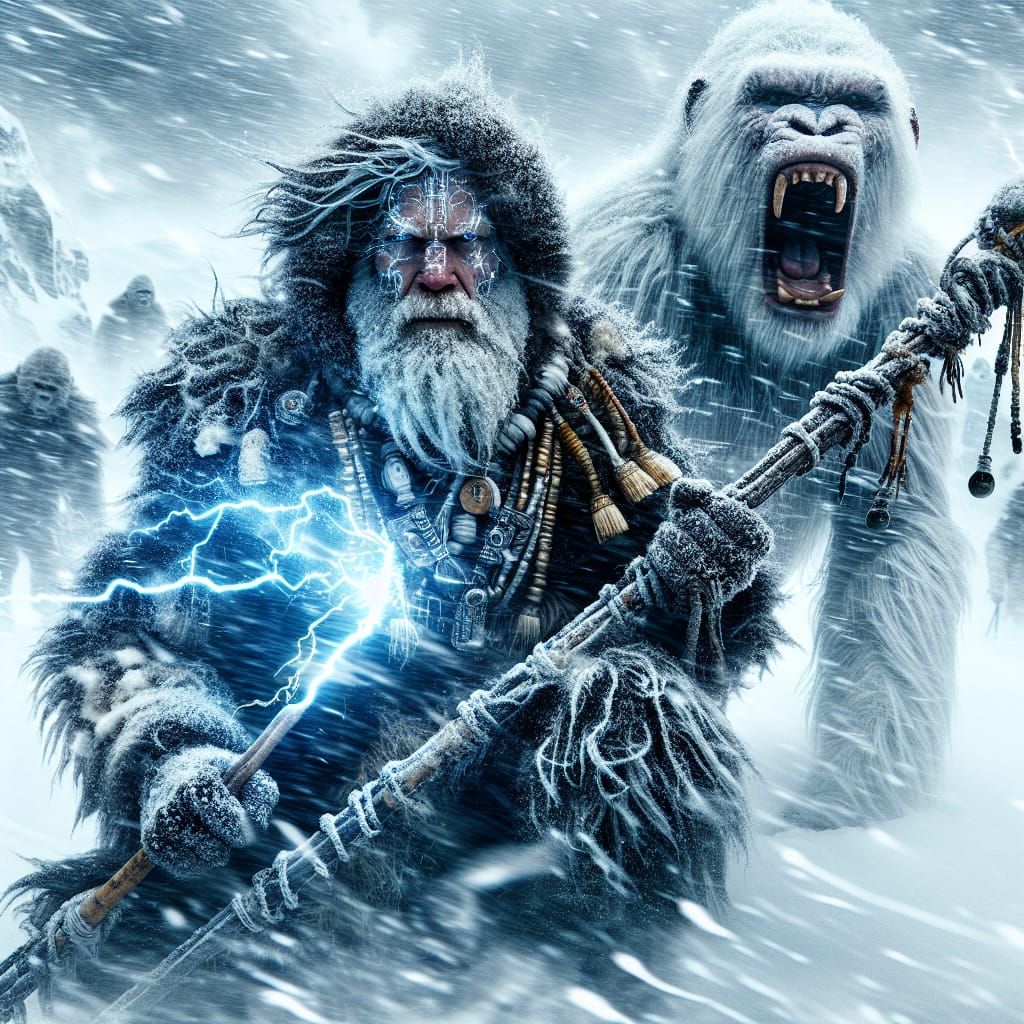 Tribal Warrior and Arctic Ape in Snowstorm