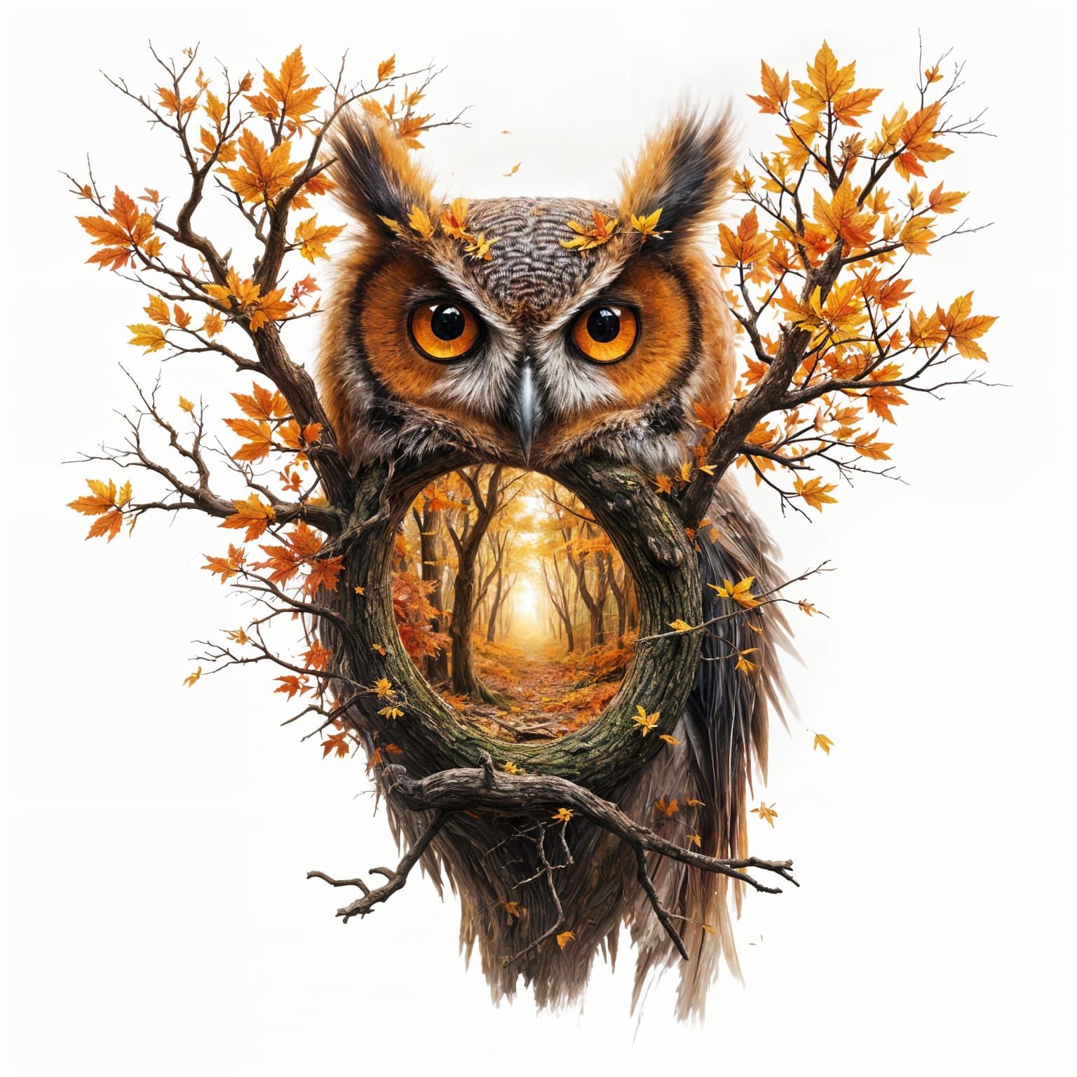 Autumn Forest Inside an Owl: Airbrush Illustration