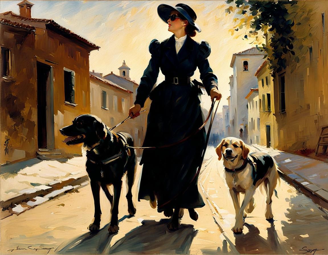 Blind Woman and Guide Dog in Oil Painting