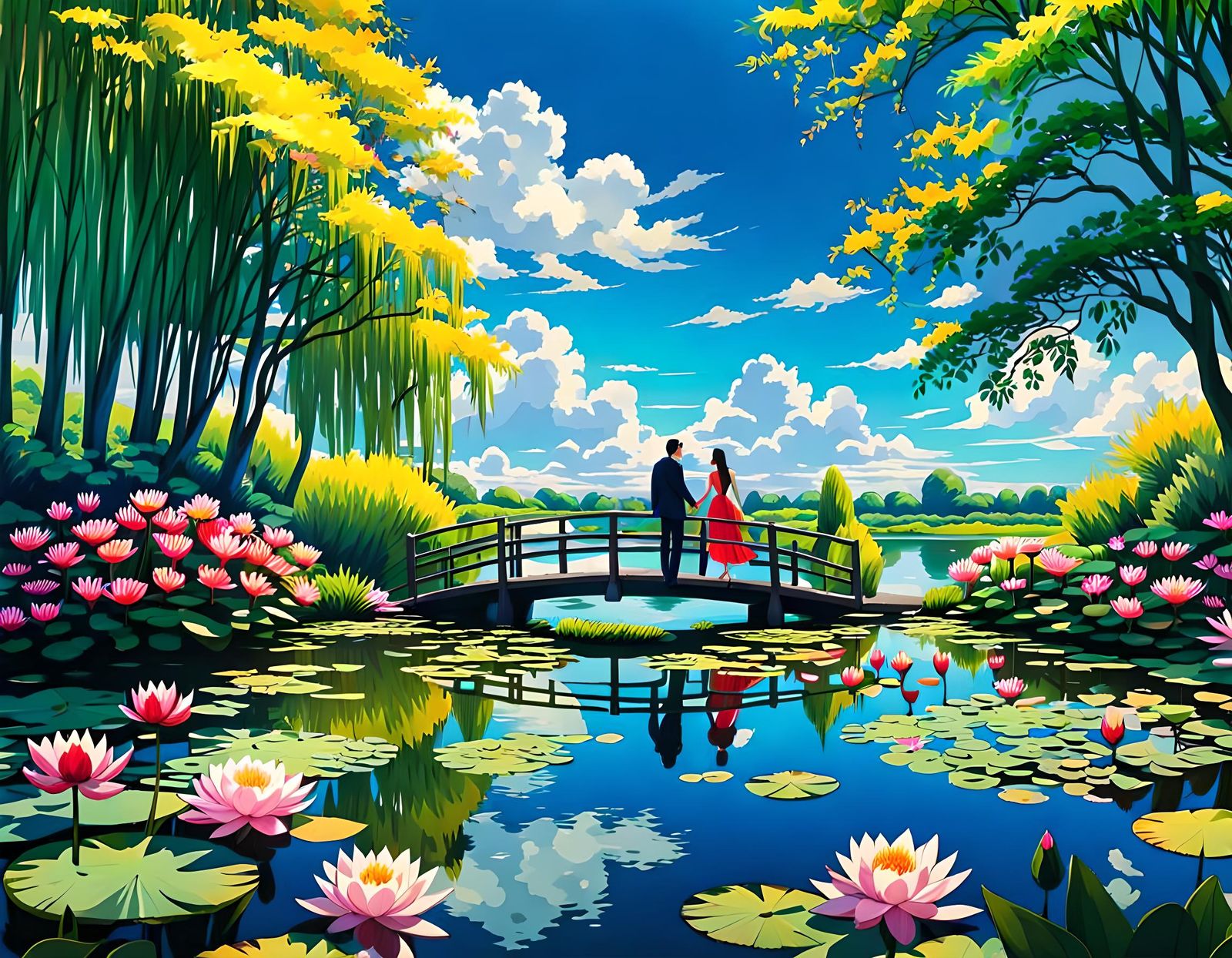 Anime Style Couple's Meeting on Lily Pond Bridge