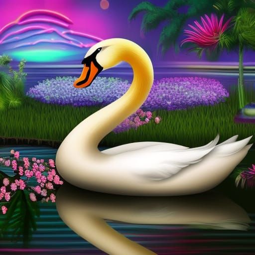 Hyperrealistic Swan with Neon Flowers at Sunset