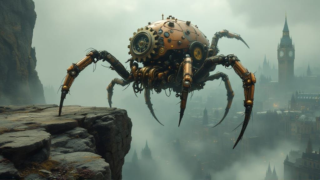 Clockwork Spider Leaps in Steampunk Metropolis