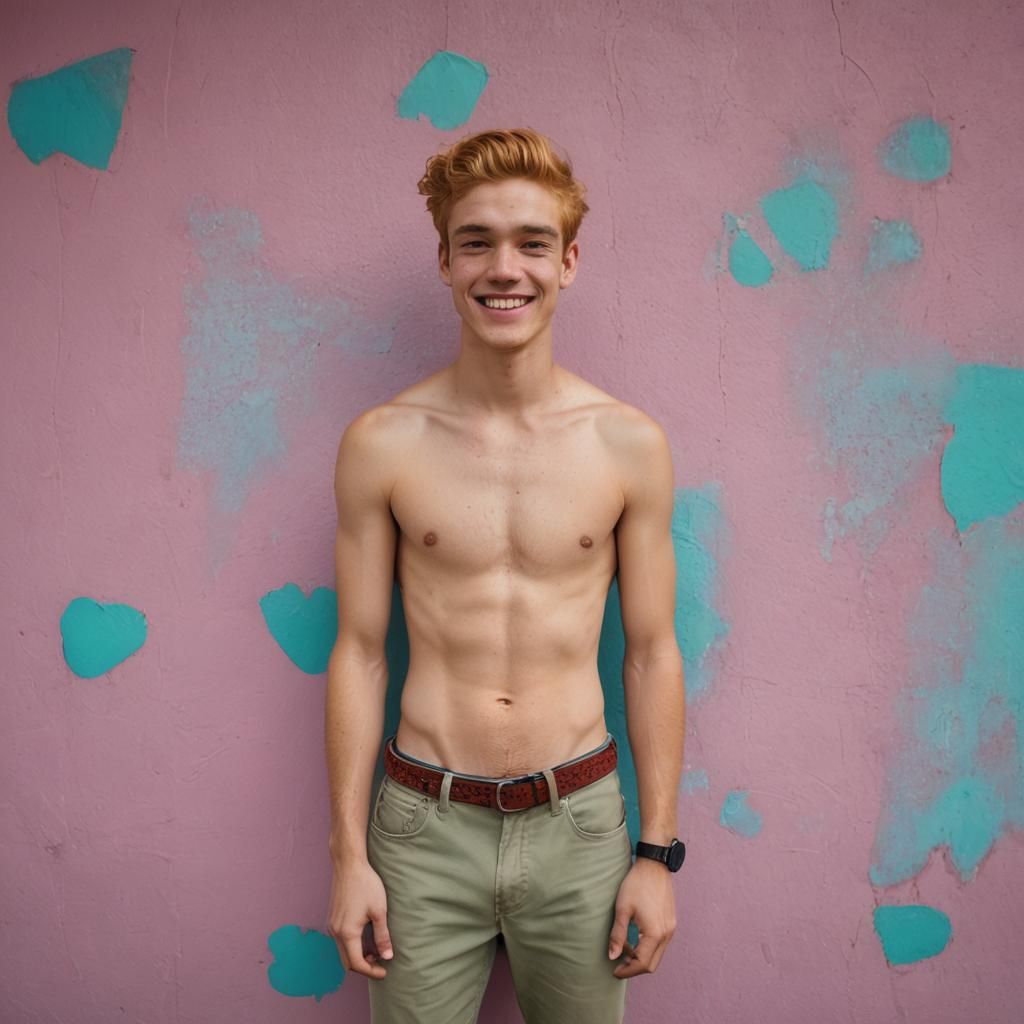 Shirtless College Student Portrait in Front of Colorful Wall