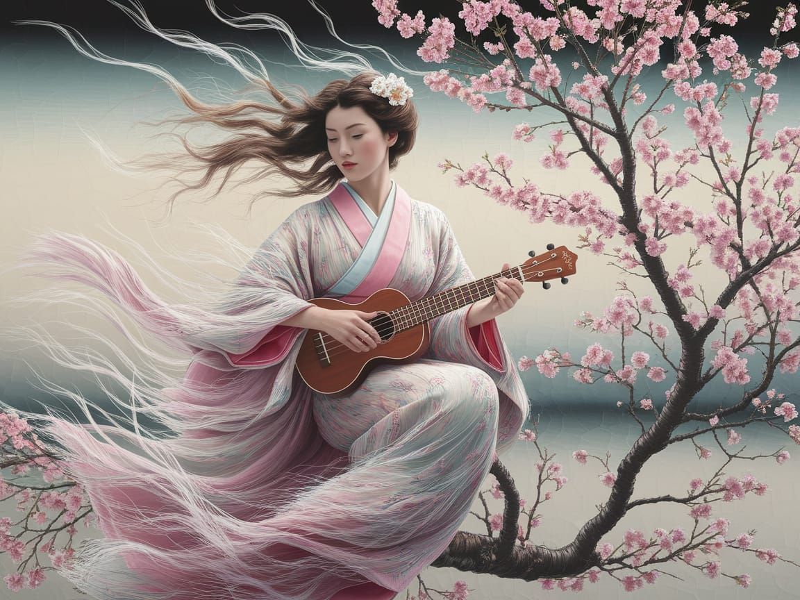 Ethereal Japanese Woman with Ukulele Among Cherry Blossoms
