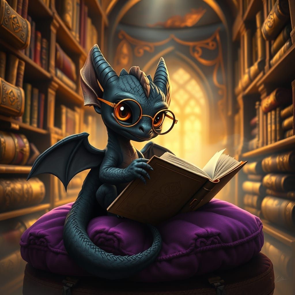 Cherubic Dragon Bookworm in Enchanted Library