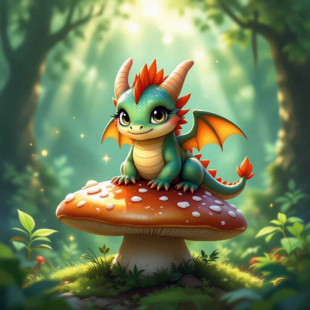 Adorable Baby Dragon on Mushroom in Magical Forest