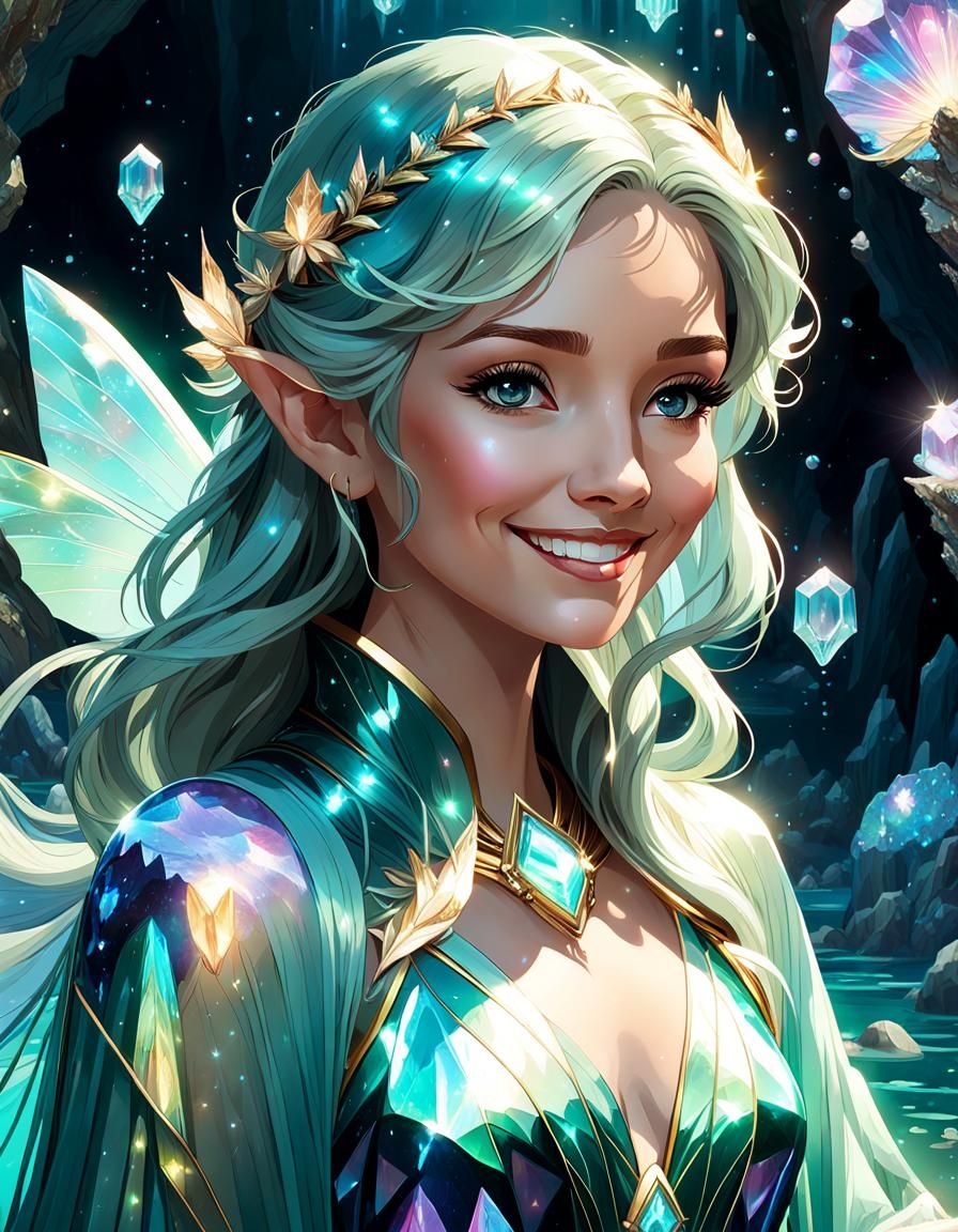Smiling Fairy in Crystalline Lake: Fantasy Art Portrait