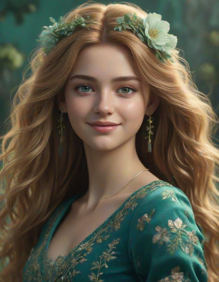 Fantastical Teenage Princess in Velvet Gown with Floral Crow...