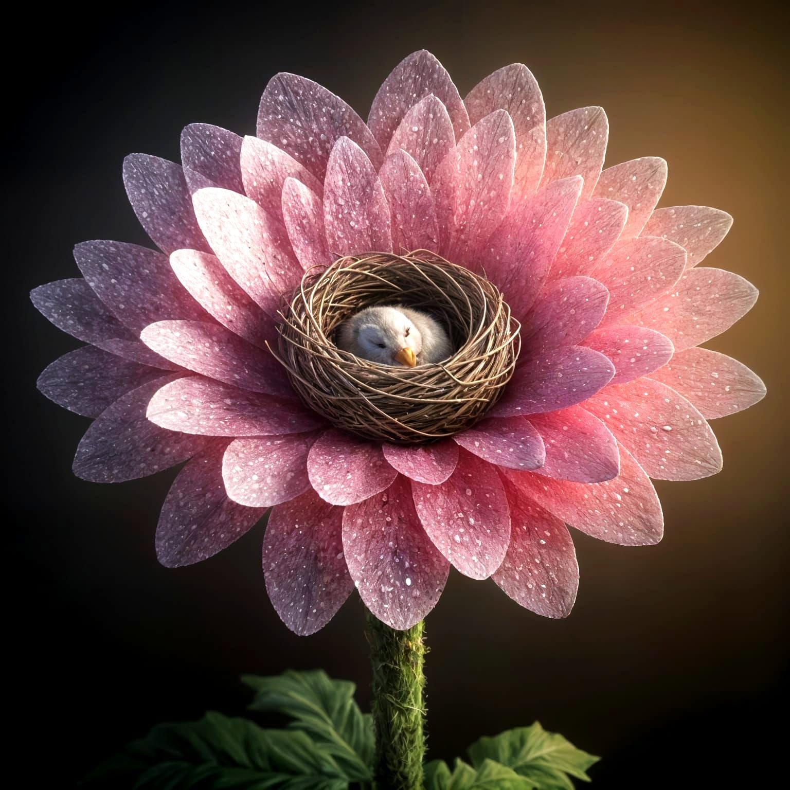 Fantasy Flower Blooms with Cozy Bird Nest in Moody Lighting