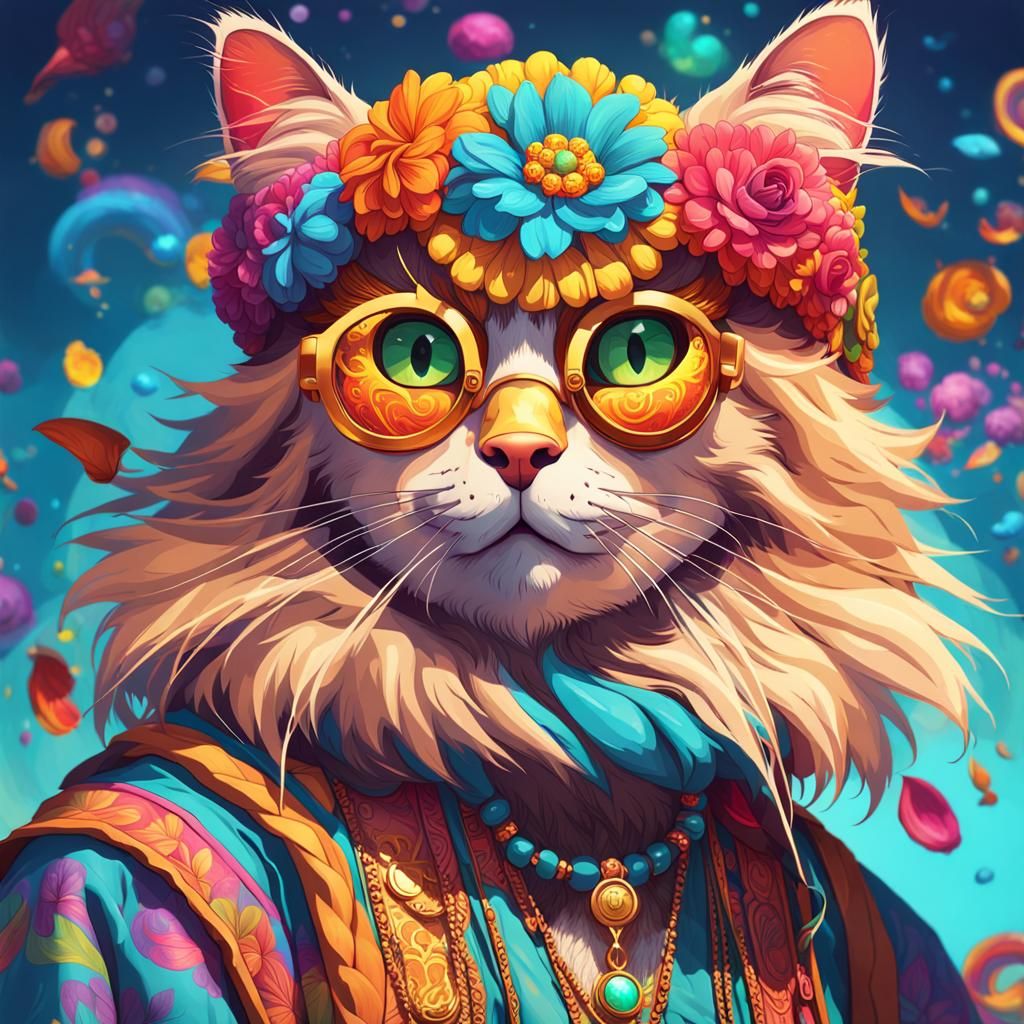 Hippy Cat Happiness: Detailed Portrait in Triadic Colors