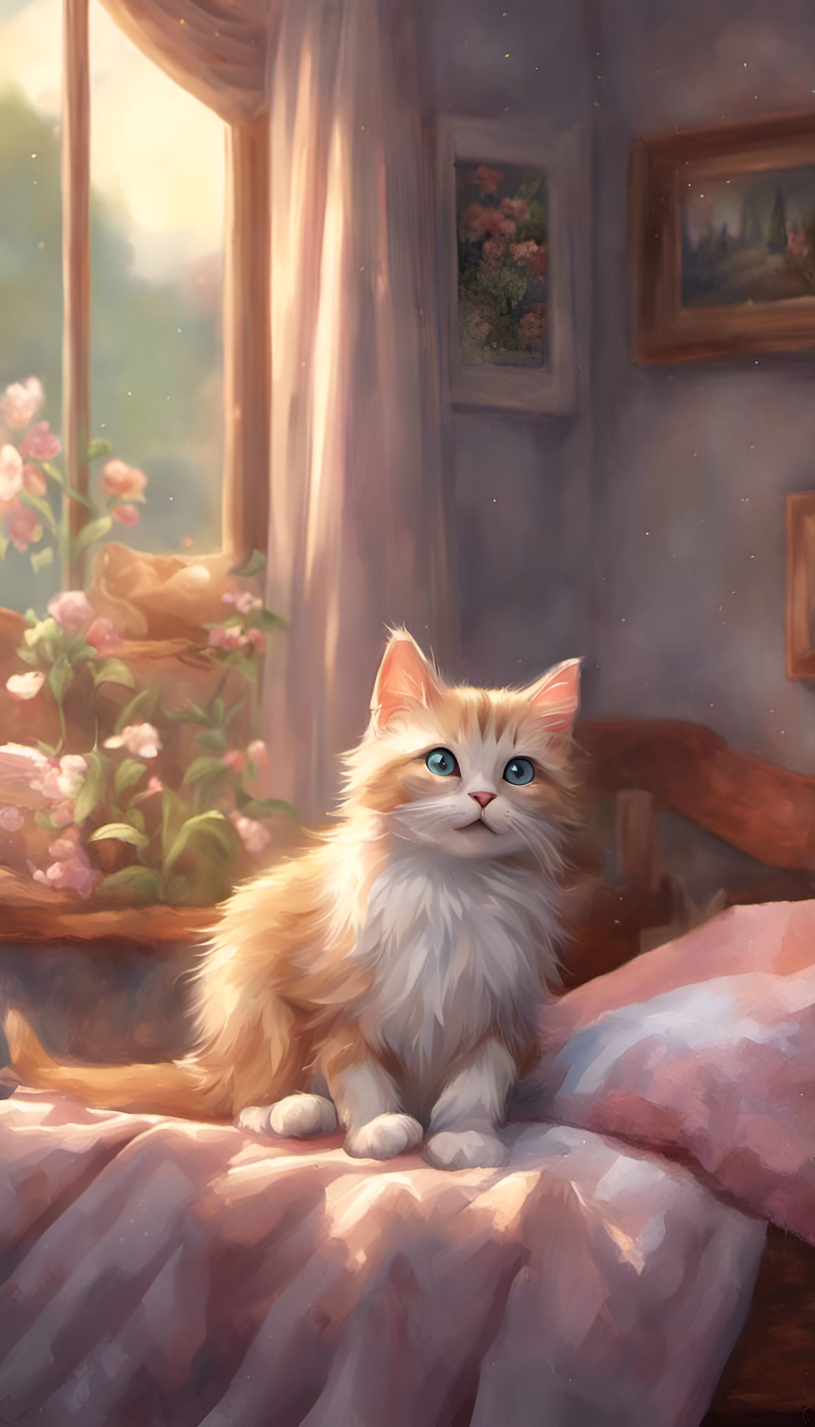 Relaxed Kitten on Comfy Bed: Anime Style