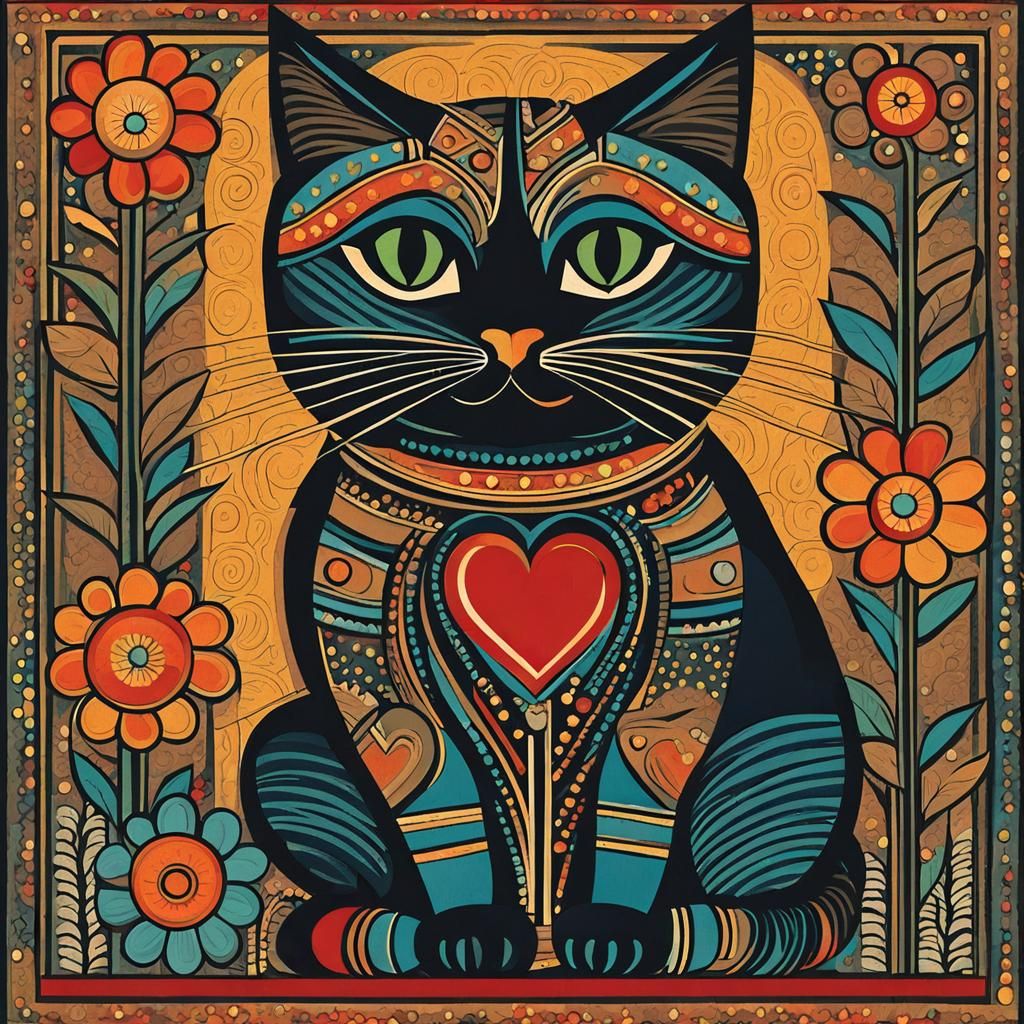Cat on Pillow in Indian Folk Art Style