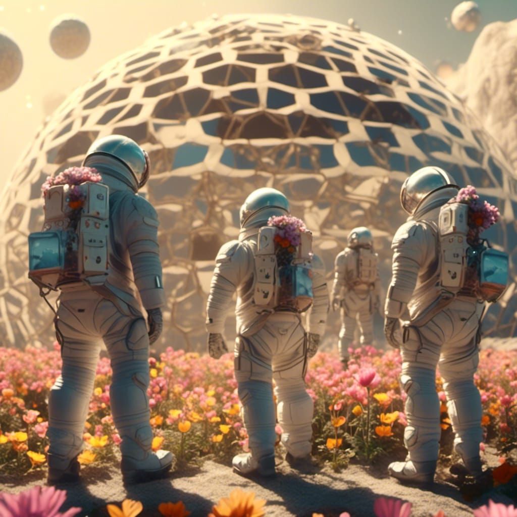Lunar Gardeners: Spacesuits Tend Flowers in Geodesic Dome