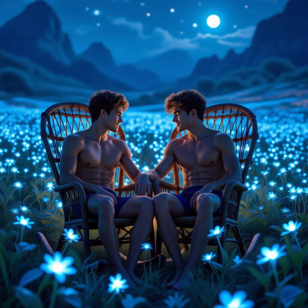 Men in Bioluminescent Field, Surrealist Sci-Fi Style