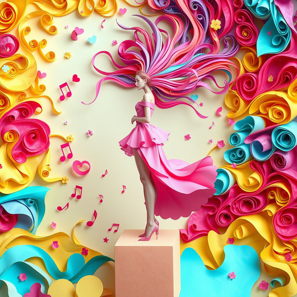 Stylized Paper Art: Woman in Pink Dress on Cube